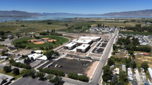 Alternate Drone shot of Shoreline Middle construction site, the parking lot, and surrounding road.