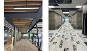 A split-screen image of detailed wooden ceiling tiles on the left image, and sub-flooring pre-carpeting on the right image.