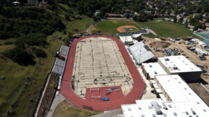 A drone shot of Timpview's demolished football field.