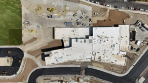 A bird's eye view of the school roofing. The roofing is complete.