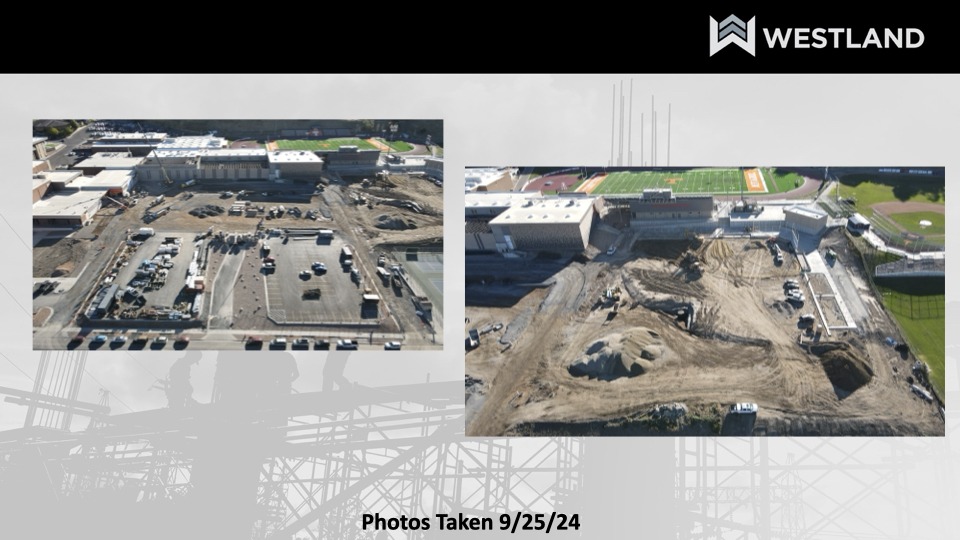 The right image shows the finished detention pond near the Timpview softball field, with gravel installed to collect runoff. The left image depicts the south parking lot, where construction crews prepare for concrete pours.