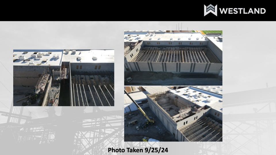 The upper right image highlights the incomplete dance and fitness building, with joists set in place, awaiting deck installation. The left image shows the wrestling room, with surrounding scaffolding removed and beams being installed.