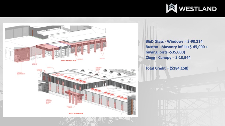 The left graphic showcases the new vestibule plans, with sections for pillars, canopy, and roofing highlighted in red. The right side lists savings from reduced material costs and repurposed construction elements.
Verbatim Text on Slide:
Right Side Text:
"B&D Glass - Windows = $-90,214"
"Buxton - Masonry Infills = $-45,000"
"Buying Joists = $-35,000"
"Clegg - Canopy = $13,944"
"Total Credit = ($184,158)"
Image Captions:
Top Image: "South Elevation"
Bottom Image: "West Elevation"