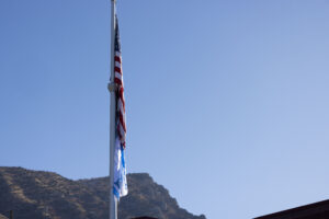 American flag and blue ribbon flag